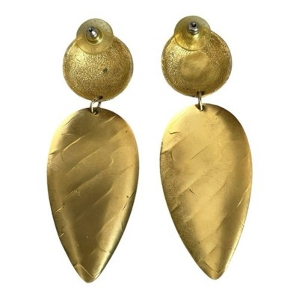 Large Matte Gold Textured Teardrop Drop Stud Earrings Retro Designer Style VG - Picture 5 of 5